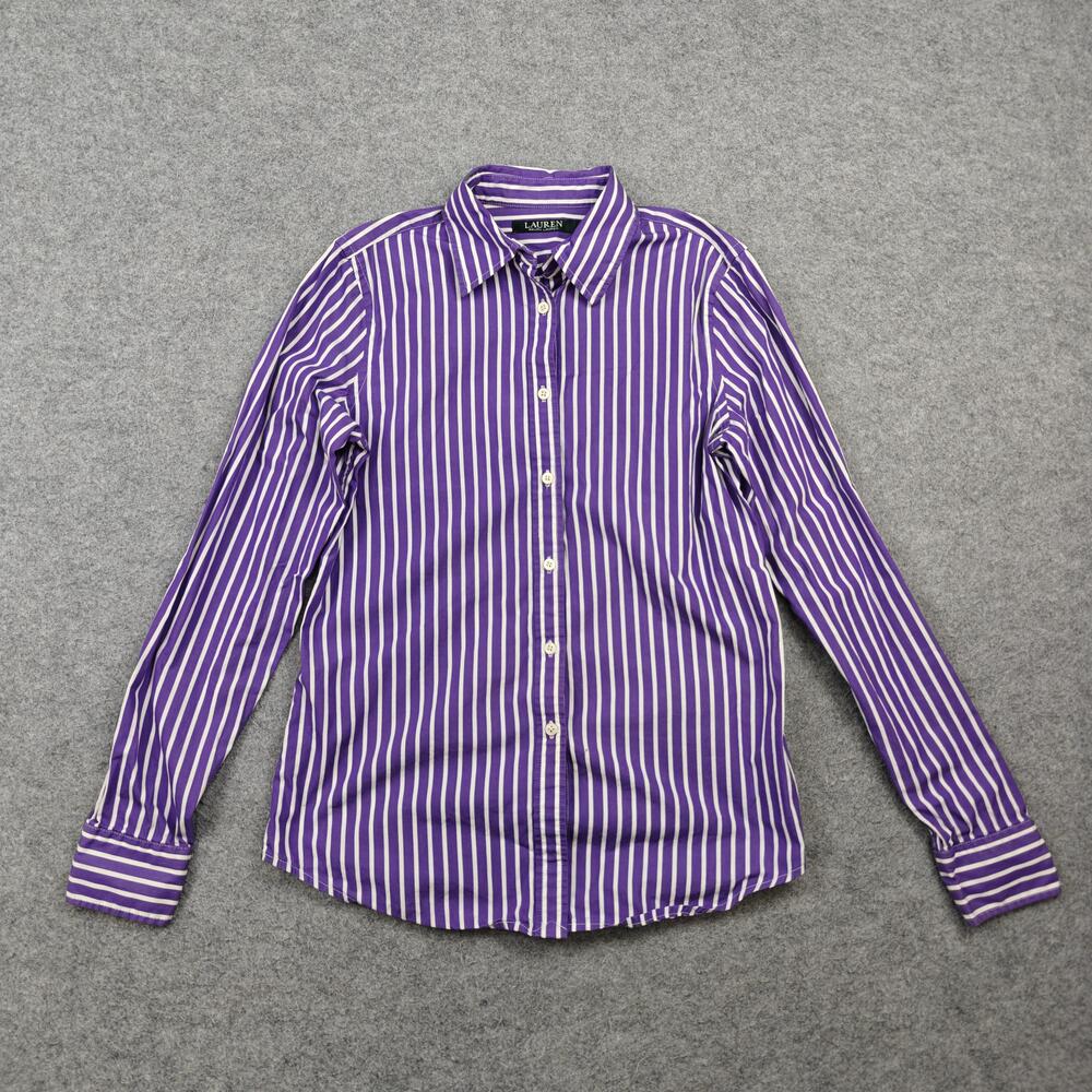 Lauren Ralph Lauren Button-Up Womens 2 Purple Striped Collared 100% Cotton